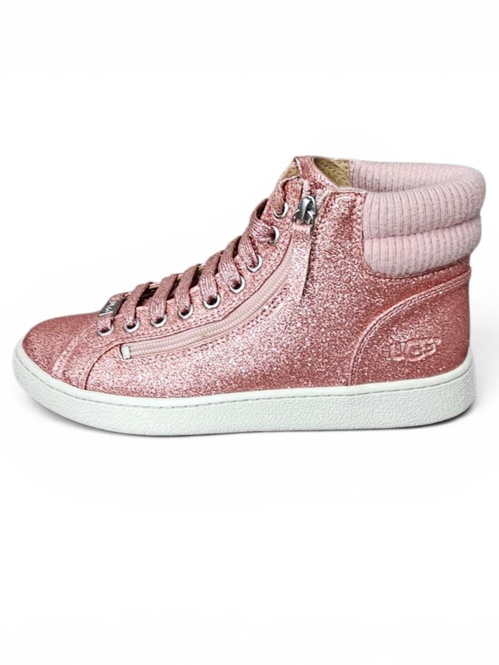 UGG Olive Glitter Pink Rib Knit High Top Leather Sneakers Zip Shoe Size 7.5